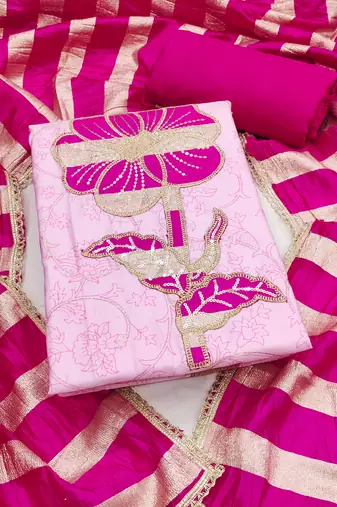 women's baby pink unstitched jam cotton dress material with woven dupatta