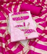 women's baby pink unstitched jam cotton dress material with woven dupatta