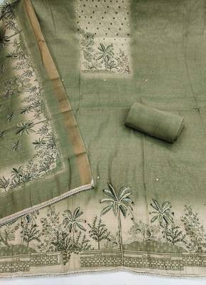 women's olive green unstitched cotton simmer dress material & printed dupatta 2