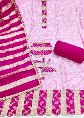 women's baby pink unstitched jam cotton dress material with woven dupatta 2