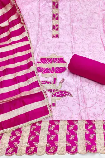 women's baby pink unstitched jam cotton dress material with woven dupatta