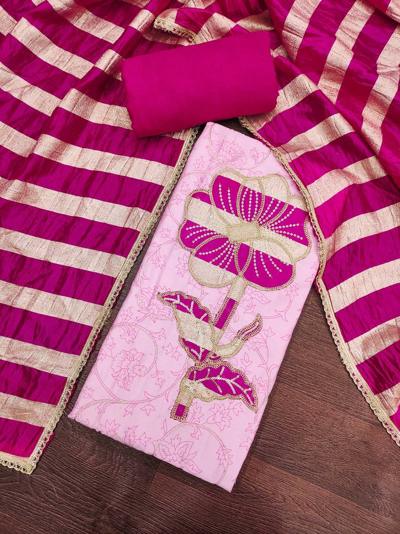 women's baby pink unstitched jam cotton dress material with woven dupatta