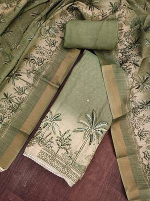 women's olive green unstitched cotton simmer dress material & printed dupatta 4