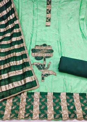 women's light green unstitched jam cotton dress material with woven dupatta 2