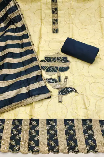 women's beige unstitched jam cotton dress material with woven dupatta