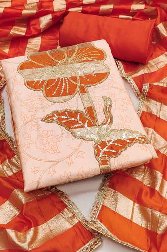 women's light peach unstitched jam cotton dress material with woven dupatta