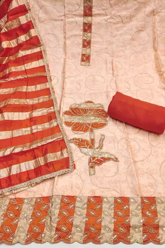 women's light peach unstitched jam cotton dress material with woven dupatta