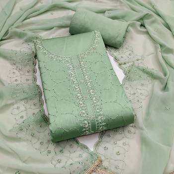 women's sea green unstitched jam cotton dress material with embroidered dupatta 1