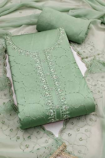 women's sea green unstitched jam cotton dress material with embroidered dupatta