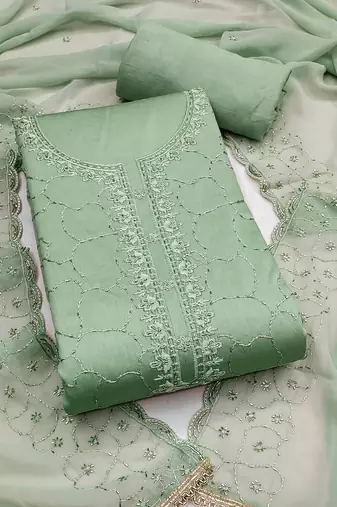 women's sea green unstitched jam cotton dress material with embroidered dupatta