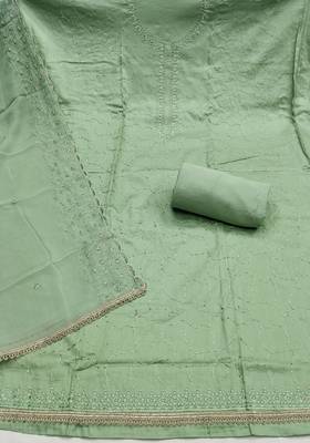 women's sea green unstitched jam cotton dress material with embroidered dupatta 2