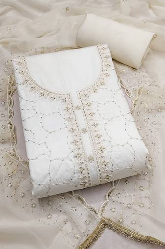 women's white unstitched jam cotton dress material with embroidered dupatta