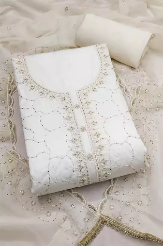 women's white unstitched jam cotton dress material with embroidered dupatta
