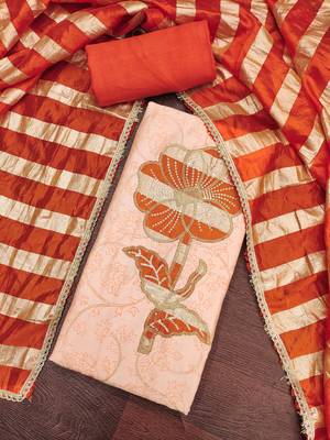women's light peach unstitched jam cotton dress material with woven dupatta 4