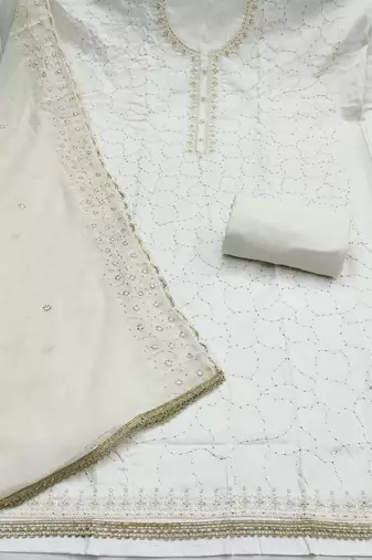 women's white unstitched jam cotton dress material with embroidered dupatta