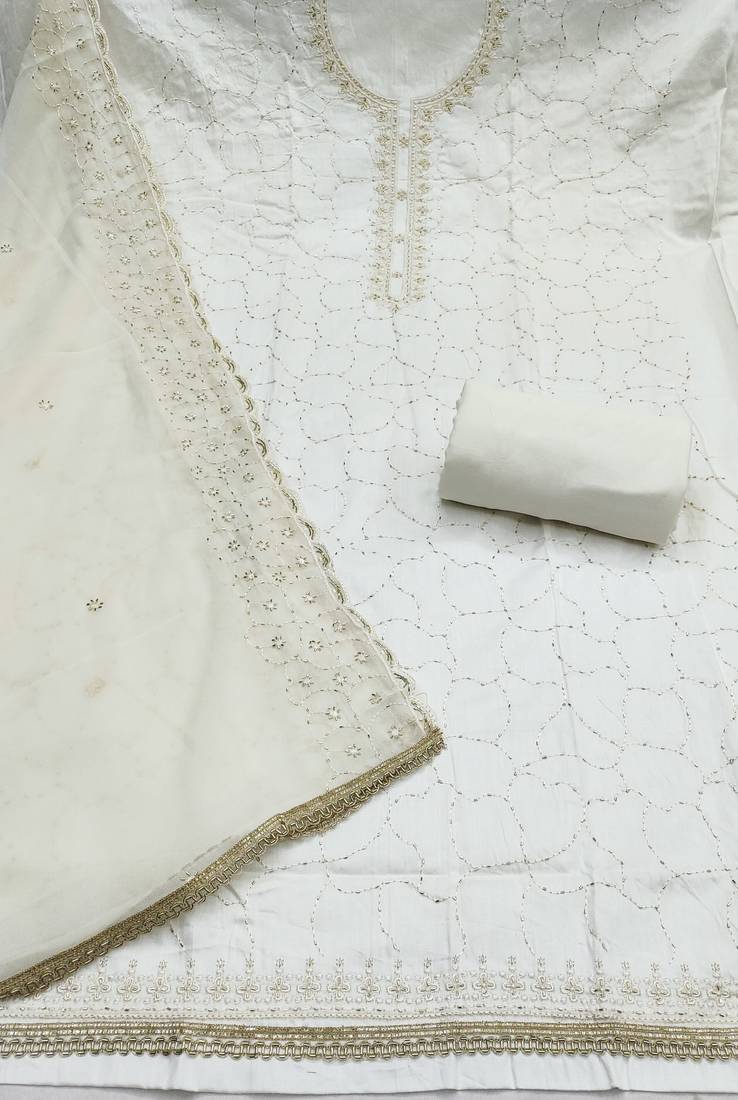 women's white unstitched jam cotton dress material with embroidered dupatta
