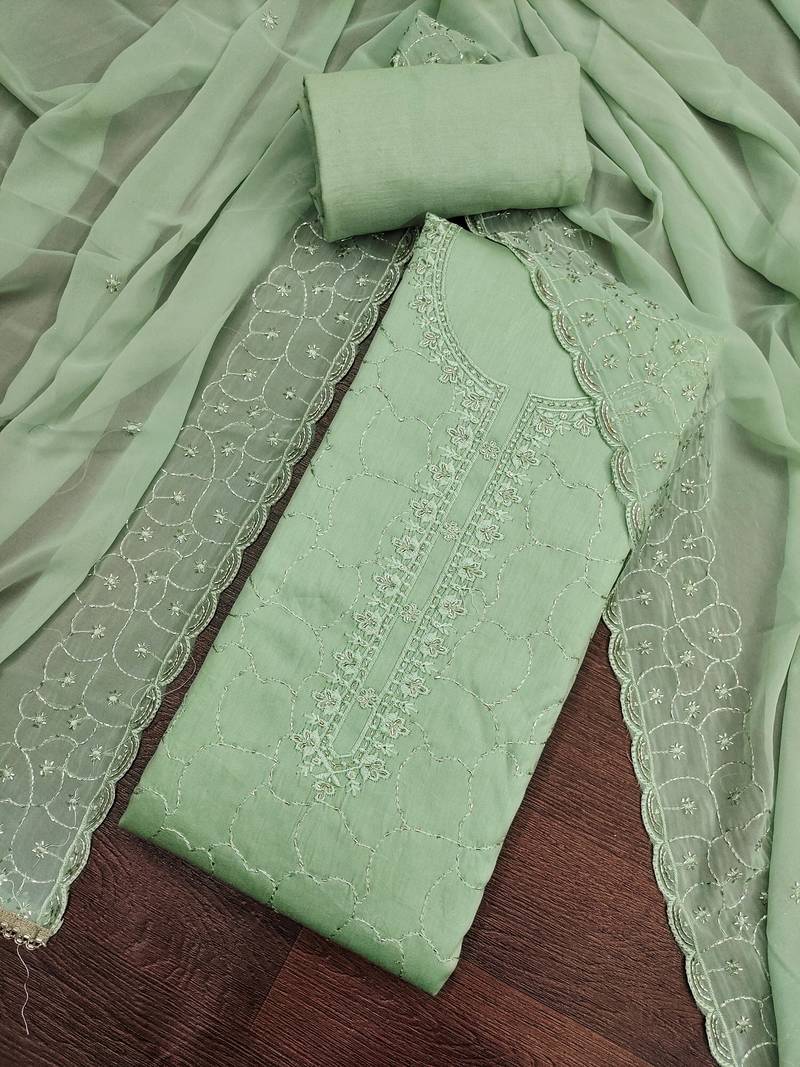 women's sea green unstitched jam cotton dress material with embroidered dupatta
