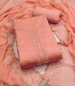 women's peach unstitched jam cotton dress material with embroidered dupatta