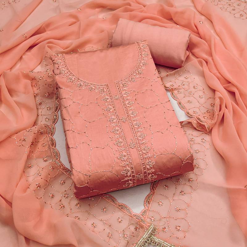 women's peach unstitched jam cotton dress material with embroidered dupatta