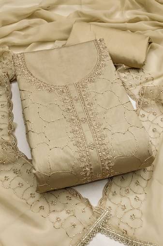 women's beige unstitched jam cotton dress material with embroidered dupatta