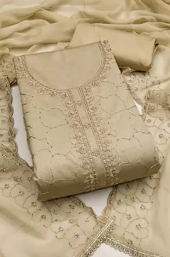 women's beige unstitched jam cotton dress material with embroidered dupatta