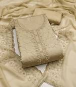 women's beige unstitched jam cotton dress material with embroidered dupatta