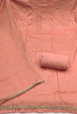 women's peach unstitched jam cotton dress material with embroidered dupatta 2