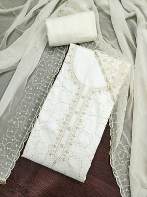 women's white unstitched jam cotton dress material with embroidered dupatta 4