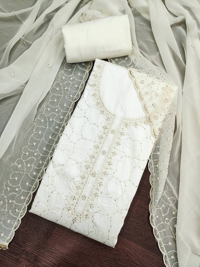 women's white unstitched jam cotton dress material with embroidered dupatta