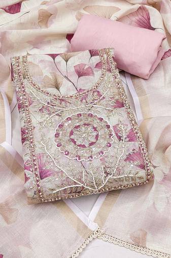 women's multi unstitched cotton linen simmer dress material with printed dupatta