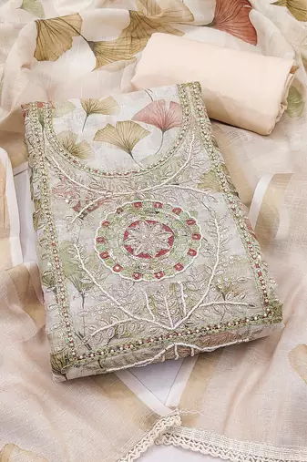 women's multi unstitched cotton linen simmer dress material with printed dupatta