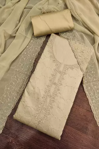 women's beige unstitched jam cotton dress material with embroidered dupatta