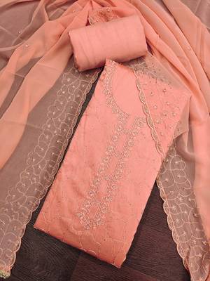 women's peach unstitched jam cotton dress material with embroidered dupatta 4