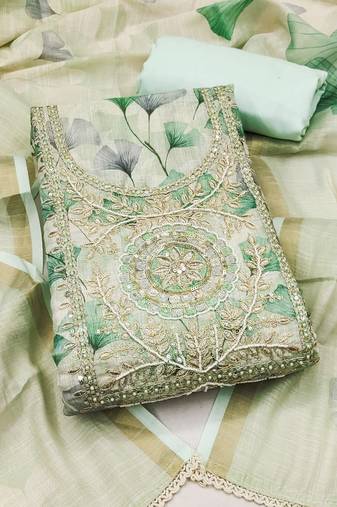 women's multi unstitched cotton linen simmer dress material with printed dupatta