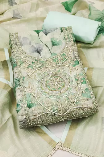 women's multi unstitched cotton linen simmer dress material with printed dupatta