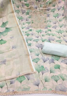 women's multi unstitched cotton linen simmer dress material with printed dupatta 2