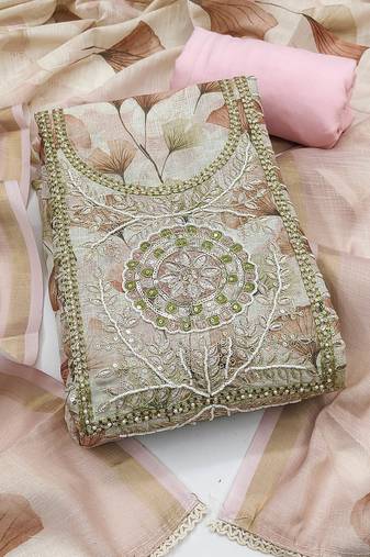 women's multi unstitched cotton linen simmer dress material with printed dupatta
