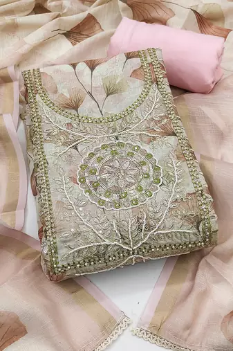 women's multi unstitched cotton linen simmer dress material with printed dupatta