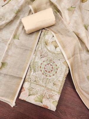 women's multi unstitched cotton linen simmer dress material with printed dupatta 4