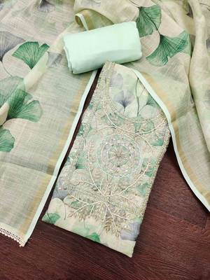 women's multi unstitched cotton linen simmer dress material with printed dupatta 4
