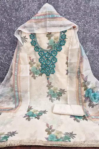 women's multi unstitched simmer silk dress material with printed dupatta