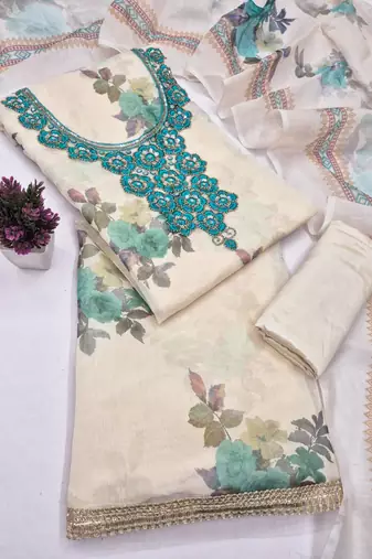 women's multi unstitched simmer silk dress material with printed dupatta
