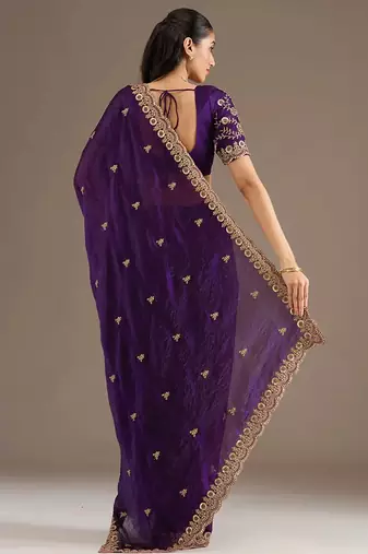 Bewitching purple tissue silk zari and sequins embroidered indian latest design bollywood saree