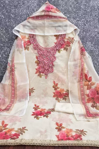 women's multi unstitched simmer silk dress material with printed dupatta
