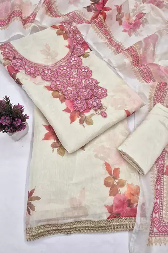 women's multi unstitched simmer silk dress material with printed dupatta