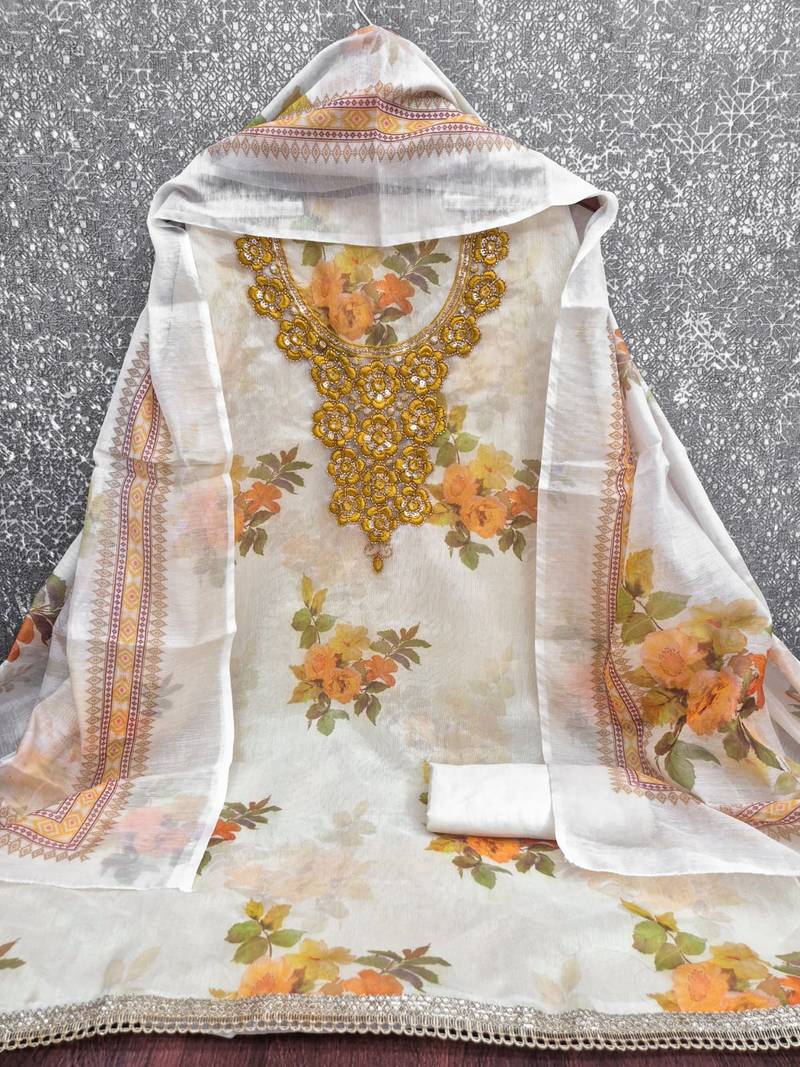 women's multi unstitched simmer silk dress material with printed dupatta