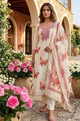 women's multi unstitched simmer silk dress material with printed dupatta