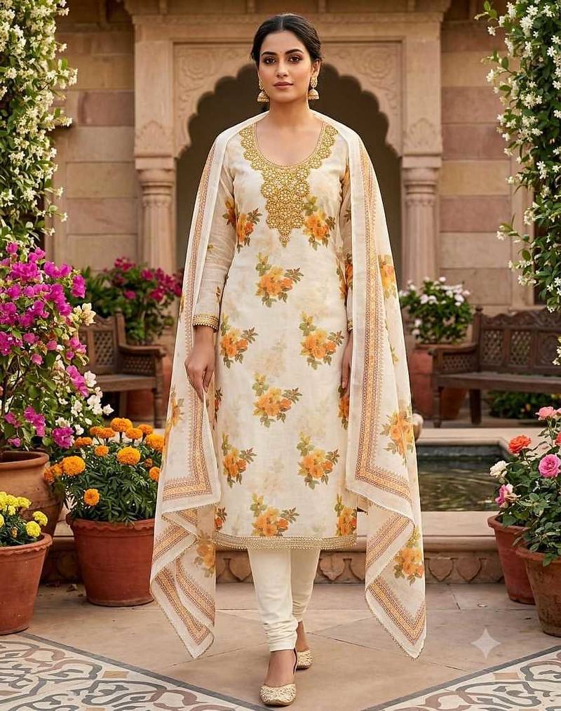 women's multi unstitched simmer silk dress material with printed dupatta