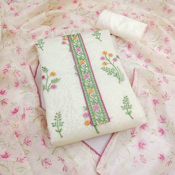 women's white unstitched cambric cotton dress material with printed dupatta 1