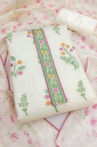 women's white unstitched cambric cotton dress material with printed dupatta